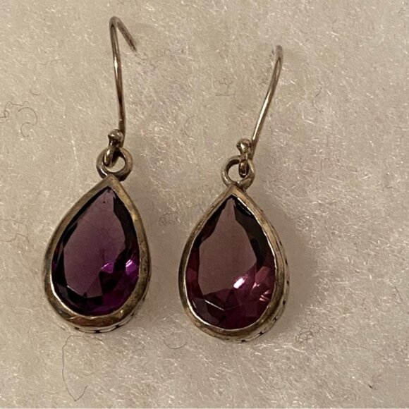 EARRINGS STERLING SILVER 925 PURPLE FACETED AMETHYST TEAR DROP WIRE PIERCED - Picture 1 of 10